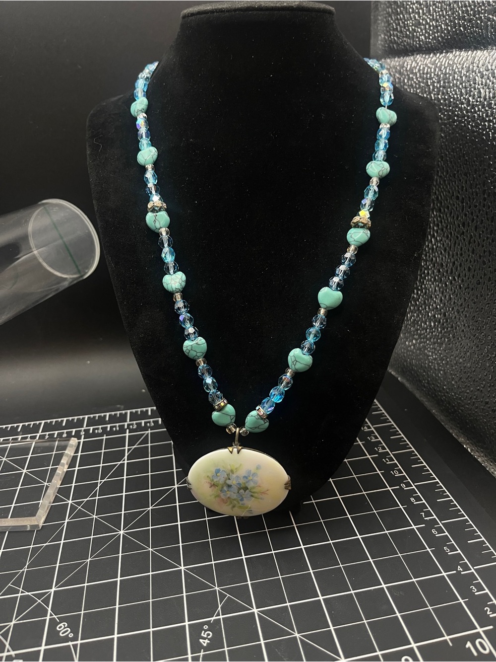Vintage Upcycled Necklace Hand Painted Porcelain Floral Pendant Blue Glass Beads